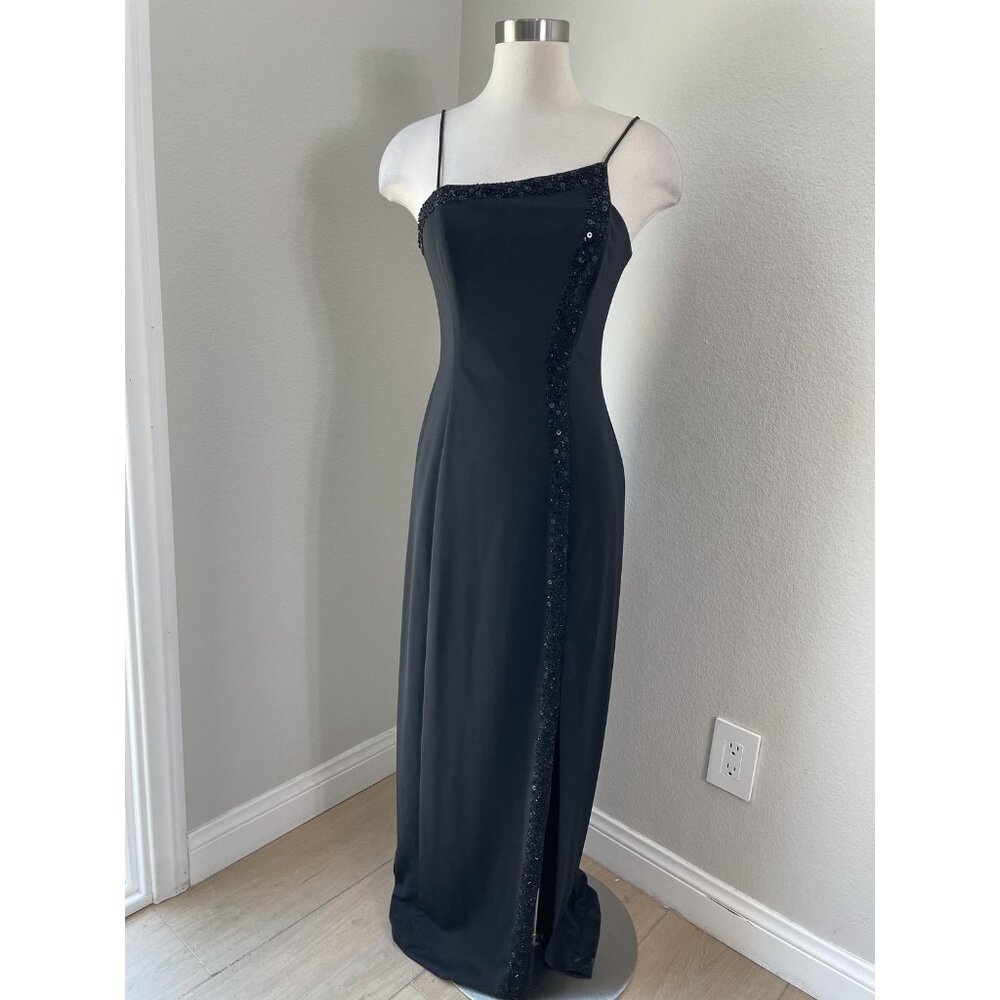 Betsy & Adam Dress Womens 8 Black Beaded Sequin Gown Formal Evening Slit Maxi
